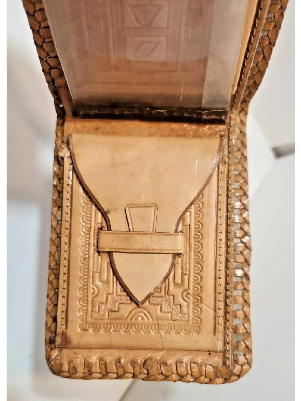 Wallet Bi Fold Hand Tooled Leather Embossed Aztec Stamped Mexico Brown
